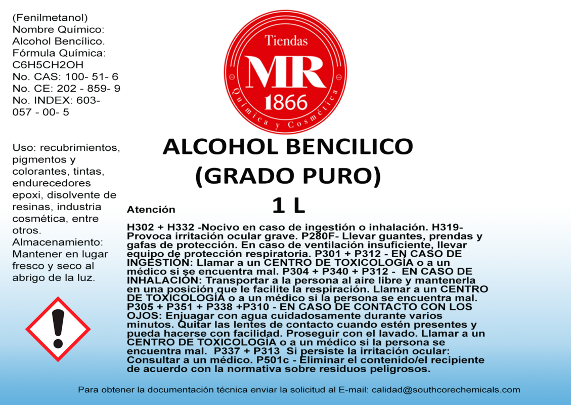 ALCOHOL BENCÍLICO (GRADO PURO) 1 L Tiendas MR 1866 ALCOHOL BENCÍLICO (GRADO PURO) 1 L Tiendas MR 1866
