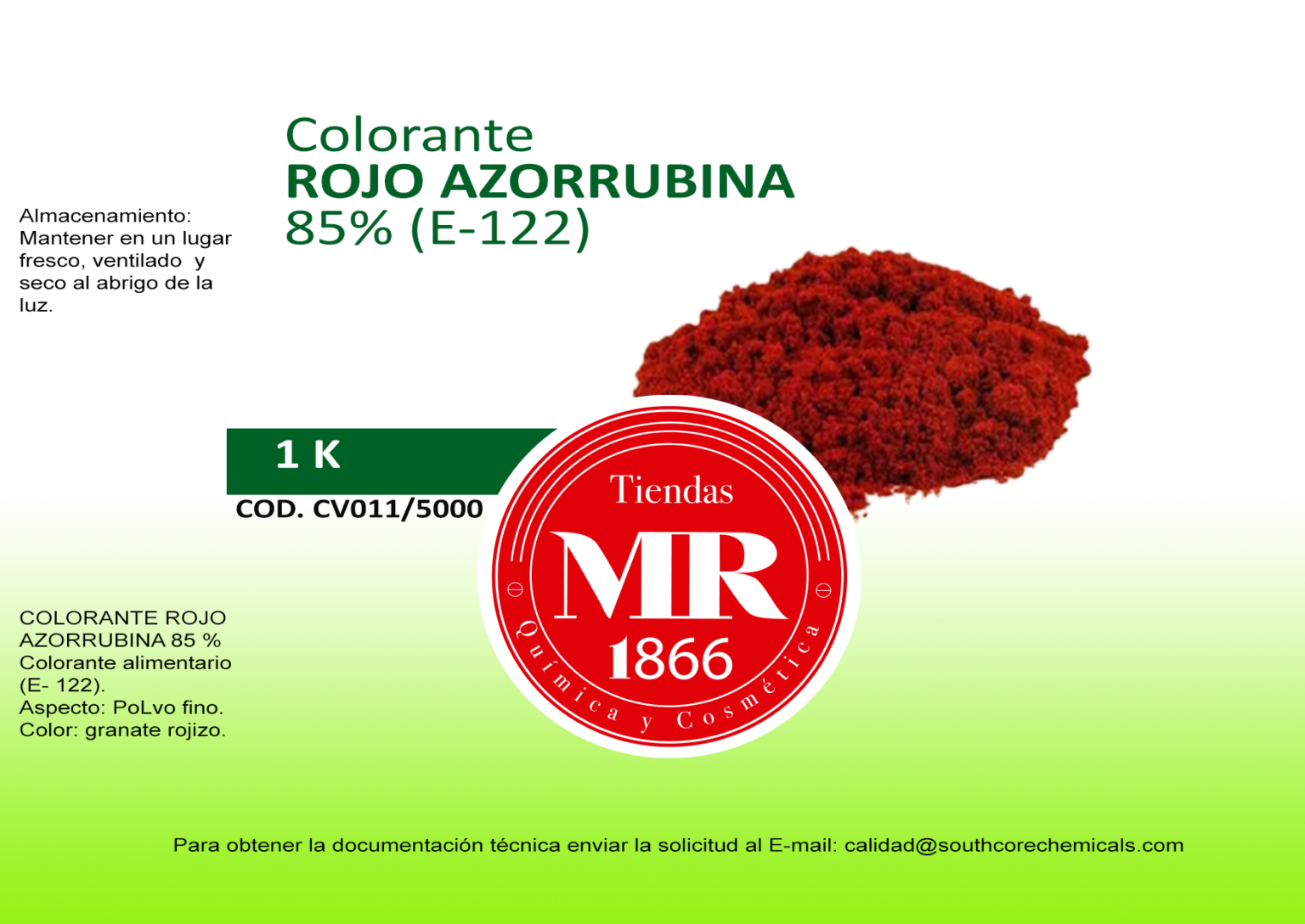 COLORANTE ROJO AZORRUBINA 85 (E122) 1 K Tiendas MR 1866