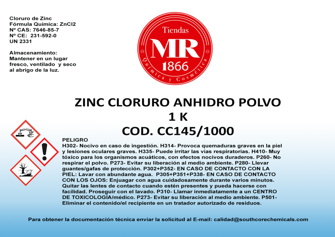 ZINC CLORURO ANHIDRO POLVO 1 K – Tiendas MR 1866