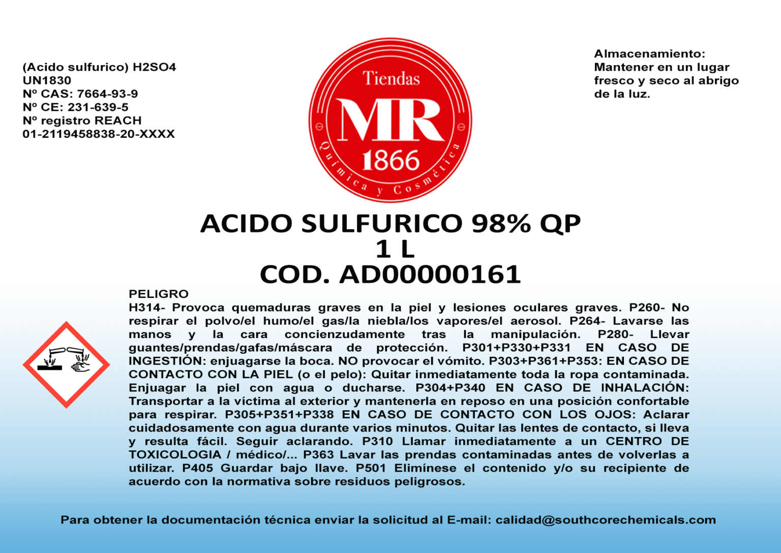 ACIDO SULFURICO 98% QP 1 L – Tiendas MR 1866