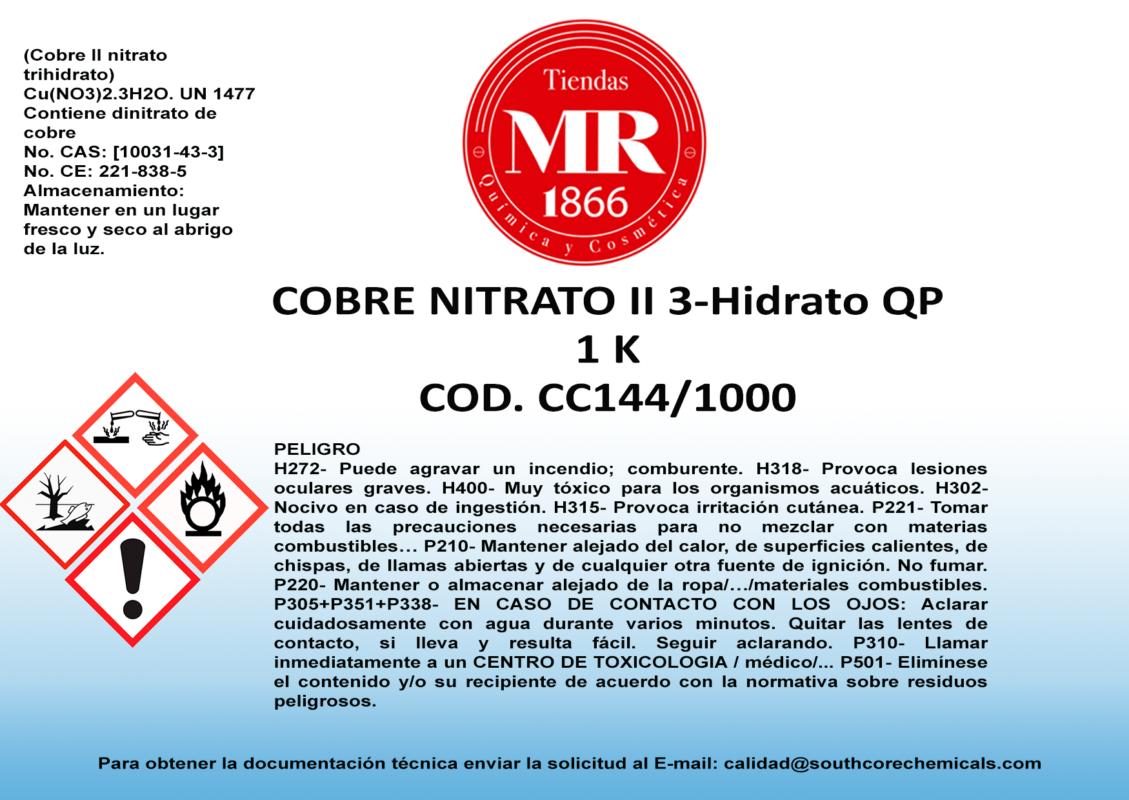 COBRE NITRATO II 3-HIDRATO QP 1 K – Tiendas MR 1866